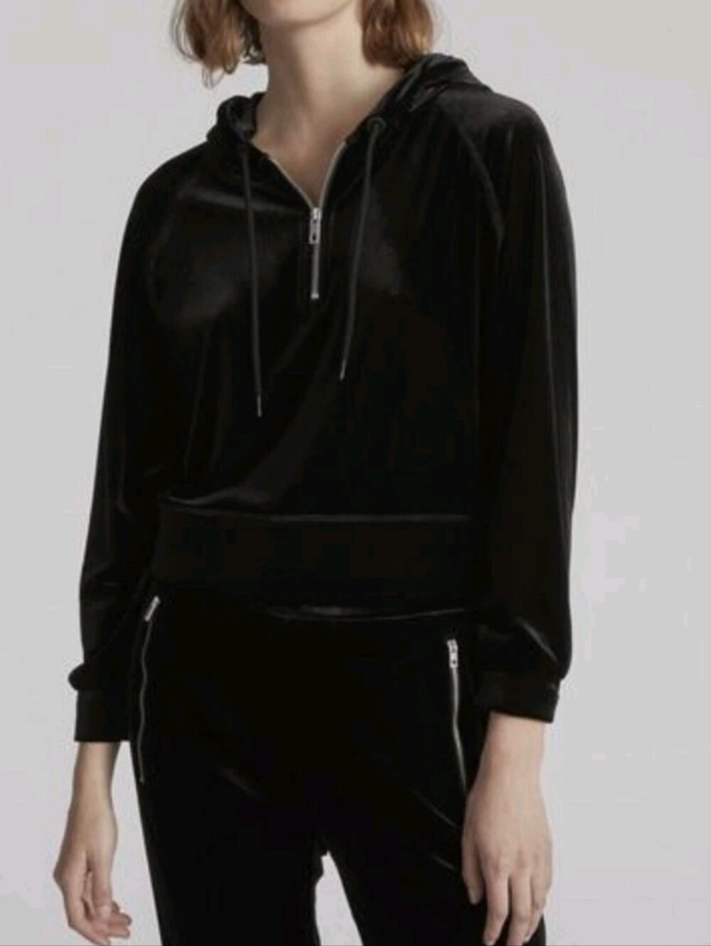 Rag & Bone Black Velvet Quarter-Zip Cropped Hoodie